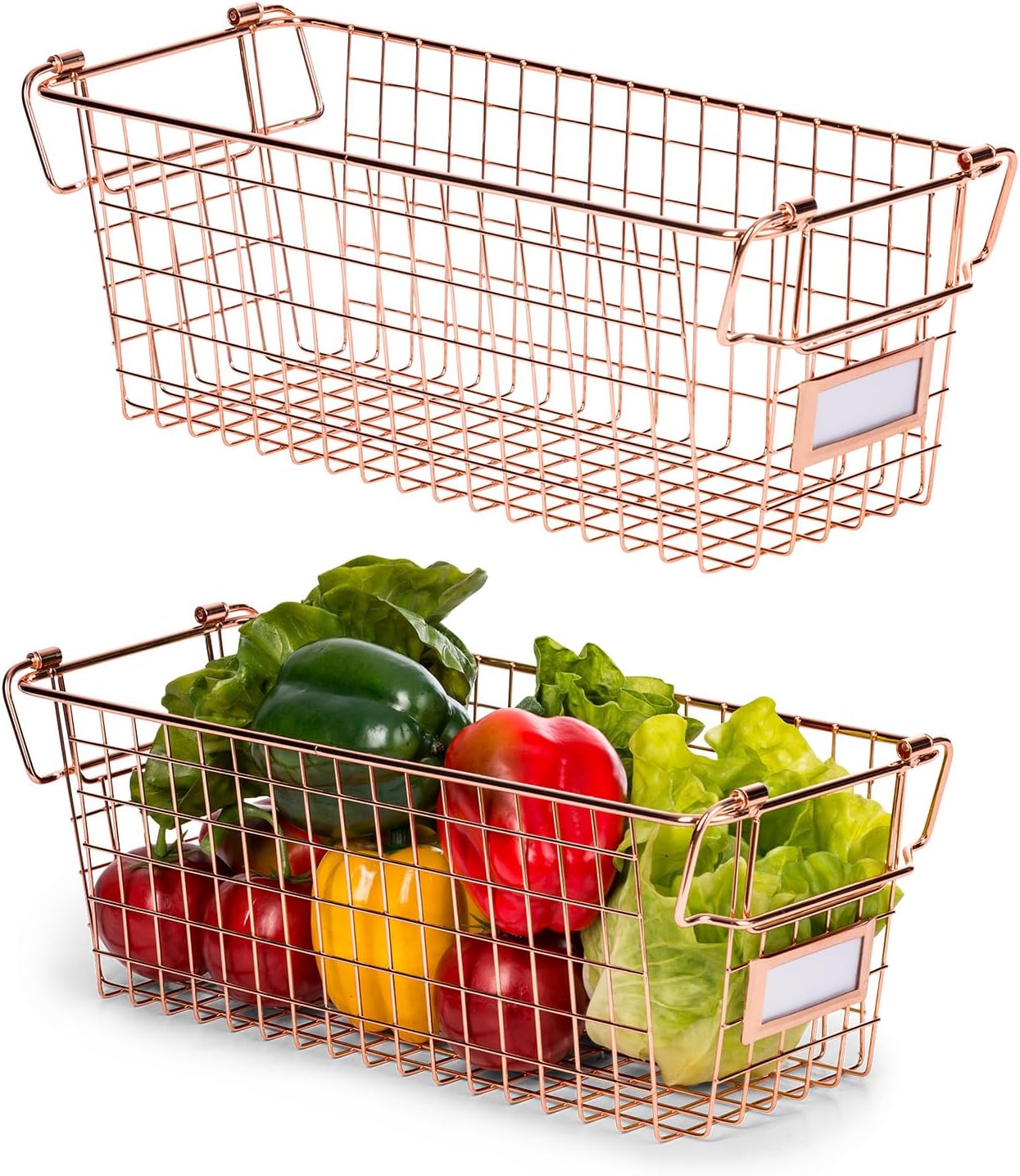 Granrosi Stackable Large Wire Baskets for Organizing — Set of 2 Rose Gold Wire Storage Baskets with Handles; Snacks & Chips Organizer for Pantry; Metal Storage Bins for Pantry