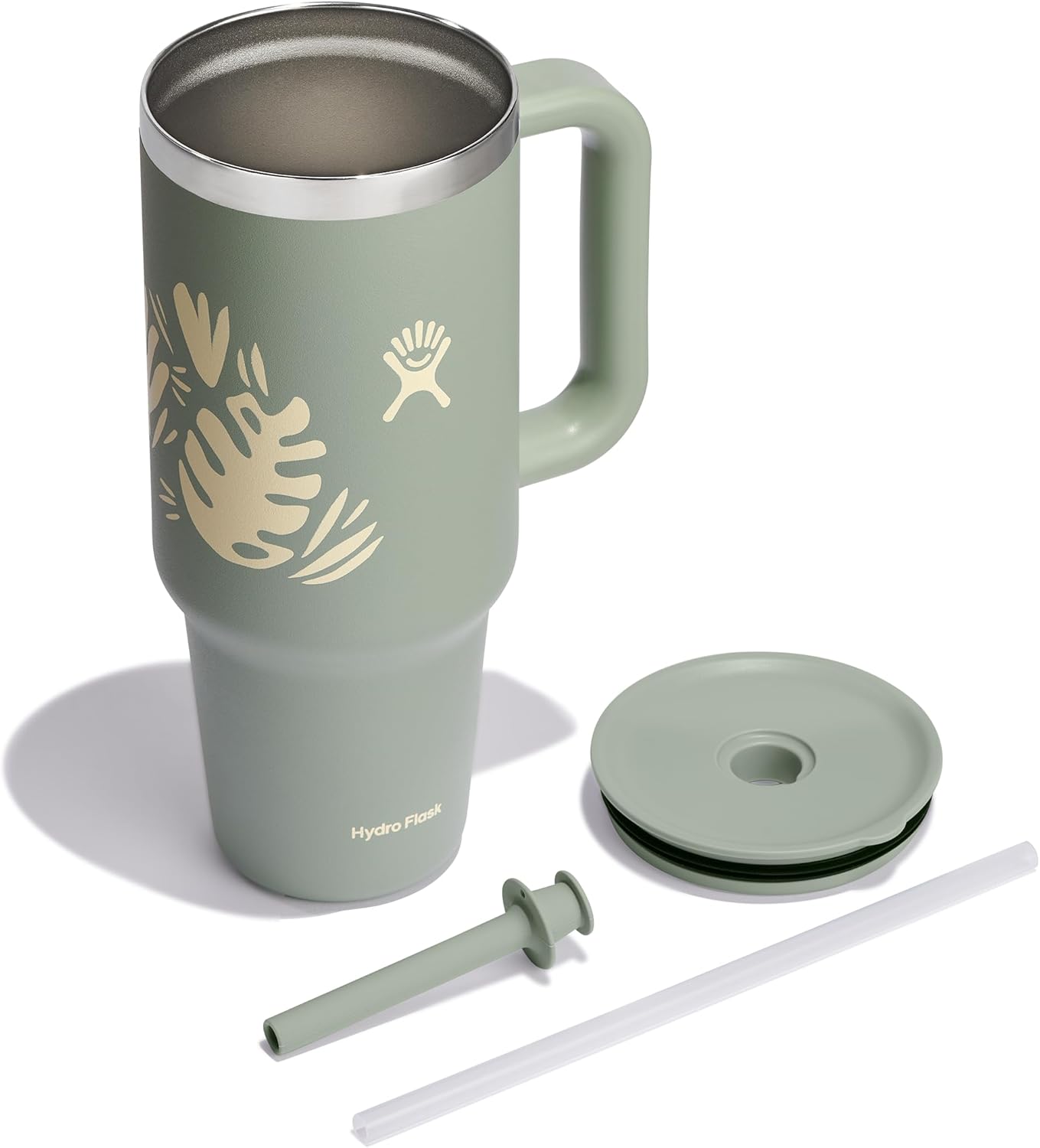Hydro Flask Travel Tumbler with Handle, Lid and Straw - Insulated Stainless Steel in 40 Oz Botanical Bliss Green