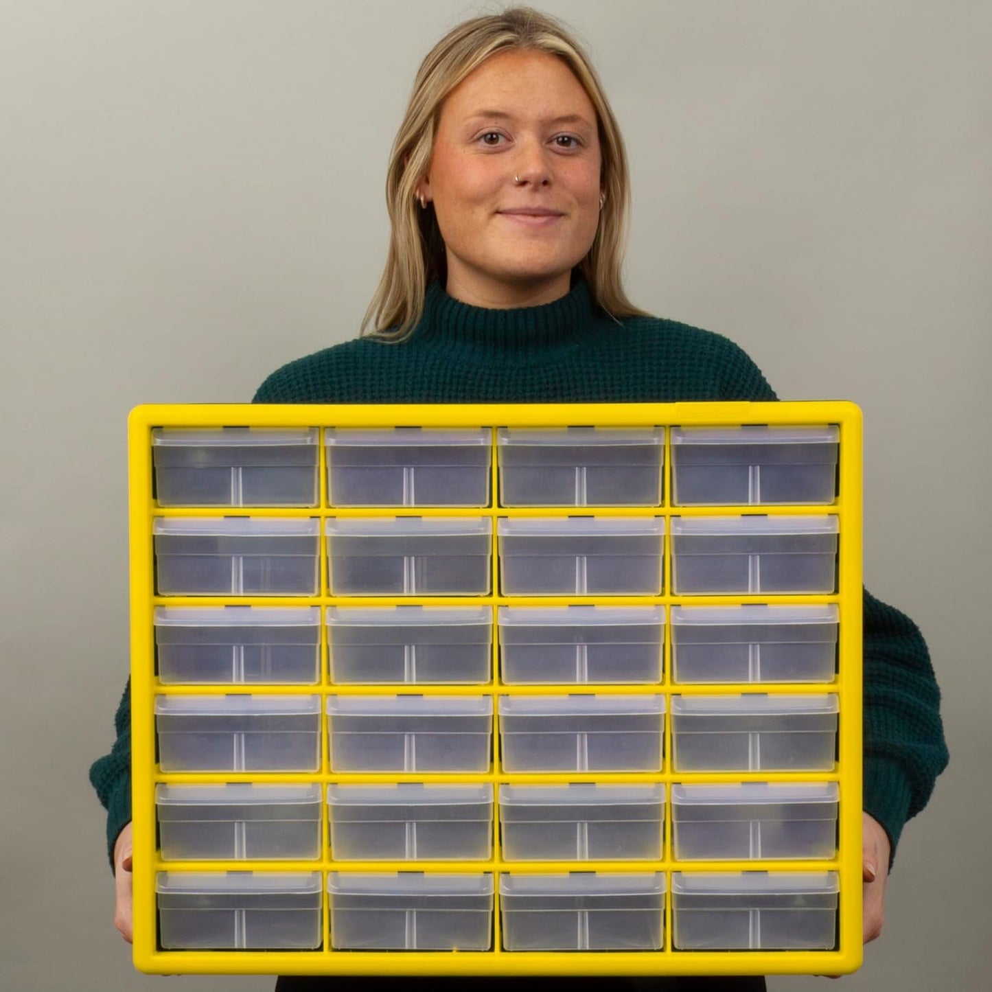 Akro-Mils 24-Drawer Plastic Drawer Storage Cabinet for Garage Organization, Bead Organizer, Building Bricks Storage, Teacher Toolbox, Makeup Organizer, 20" W x 6" D x 16" H, 10124 Yellow