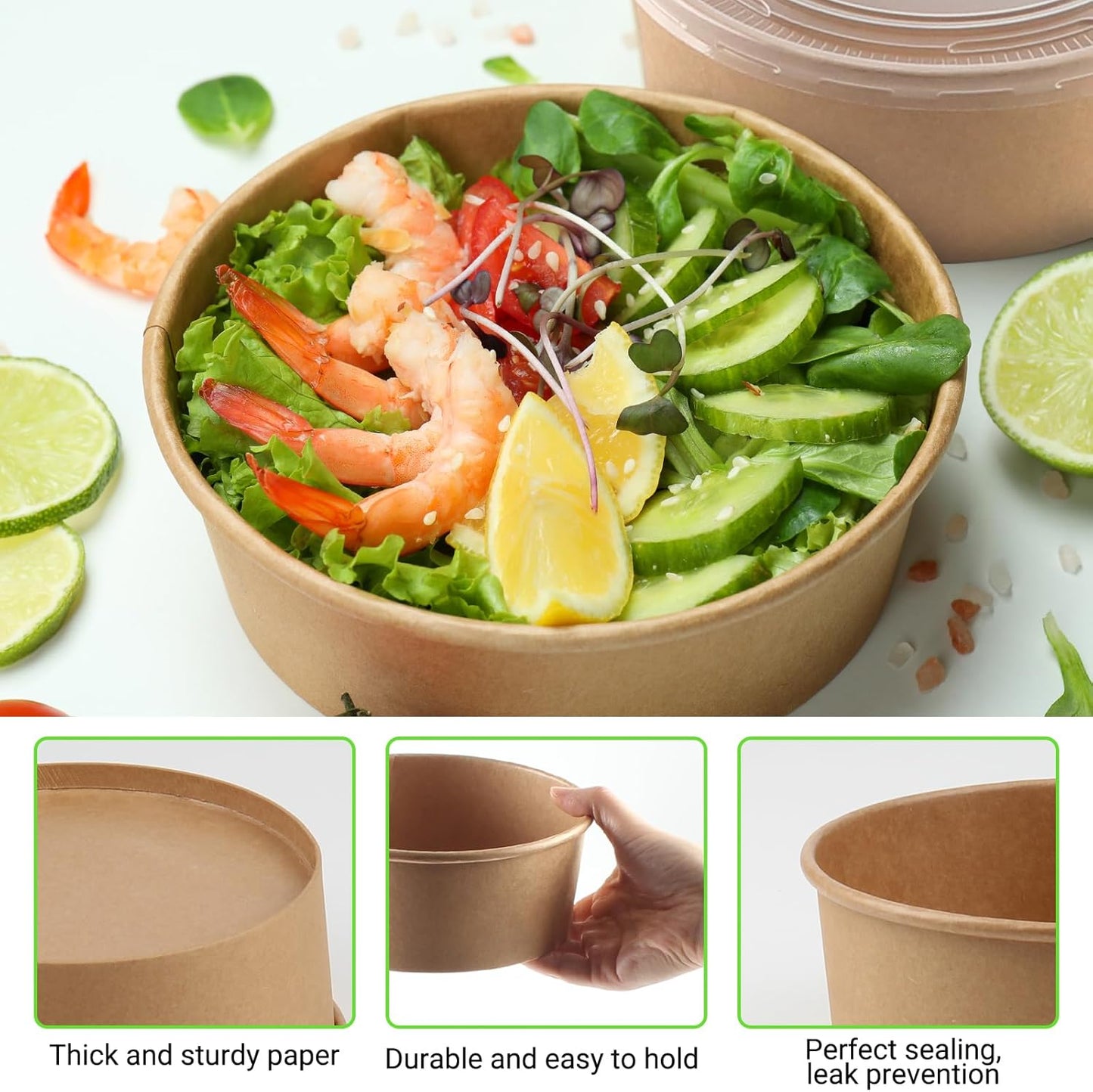36oz 50 Sets Large Kraft Paper Bowls with Lids, Disposable Bowls with Lids, Paper Salad Bowls, Paper Food Container with Lid Perfect for Hot/Cold Food, Soup, Salad, Ice Cream