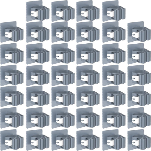3-H 40-Pack Self Adhesive Broom Holder Wall Mount - Heavy Duty No Drill Broom Organizer for Garage Closet Kitchen, Plastic Storage Rack for Brooms Mops Tools, Grey