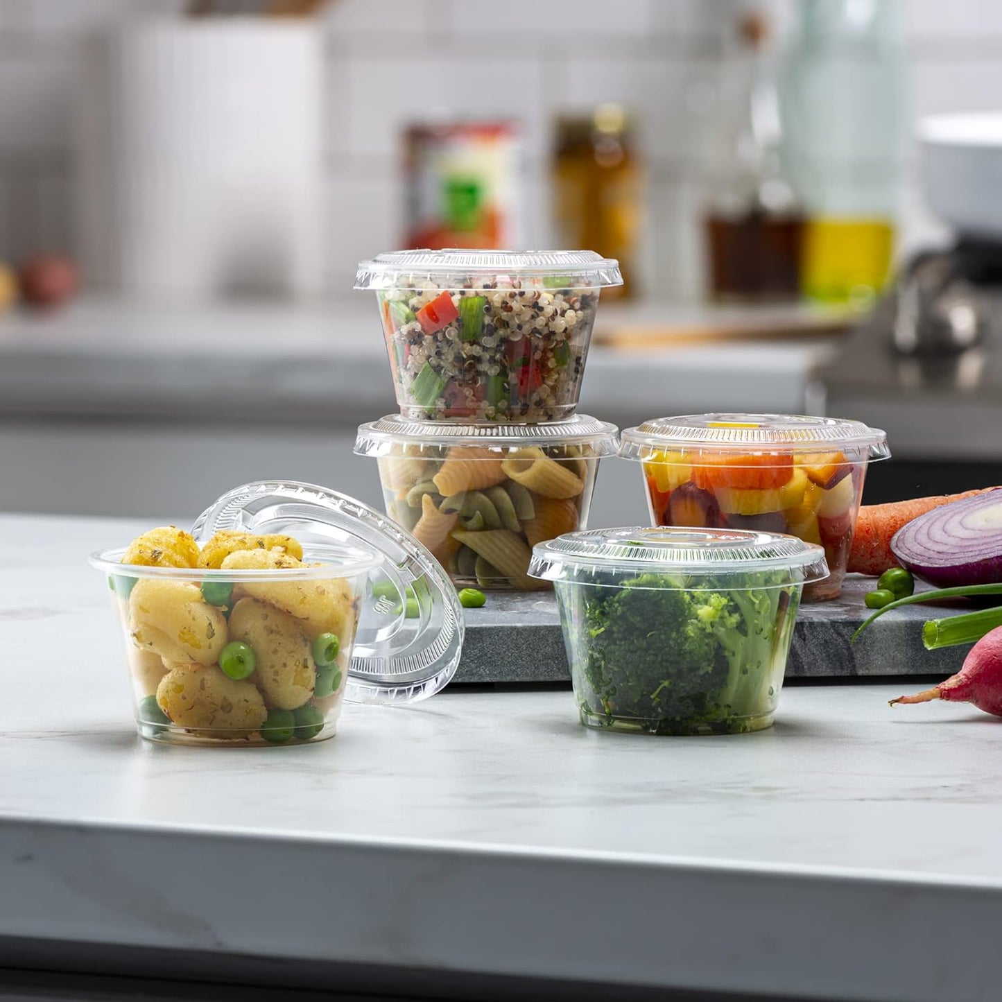 {4 oz - 100 Sets} Clear Diposable Plastic Portion Cups With Lids, Small Mini Containers For Portion Controll, Jello Shots, Meal Prep, Sauce Cups, Slime, Condiments, Medicine, Dressings, Crafts,