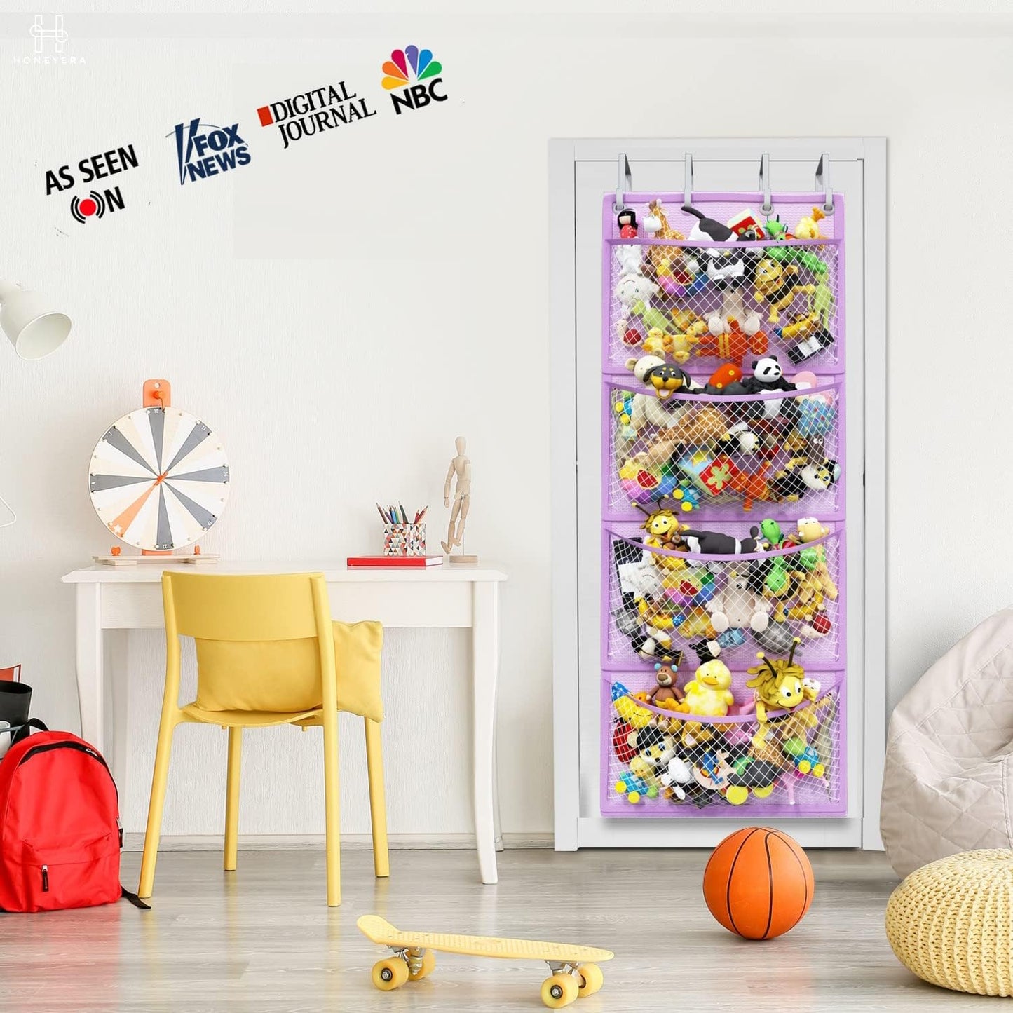 Honeyera Plush Storage (Patent Pending) - Plush Hammock Net Over Door Organizer for Stuffies, Baby Accessories, Toy/Hammock Hanging Storage Big Girls Toddler Large Bag Animals (Purple)