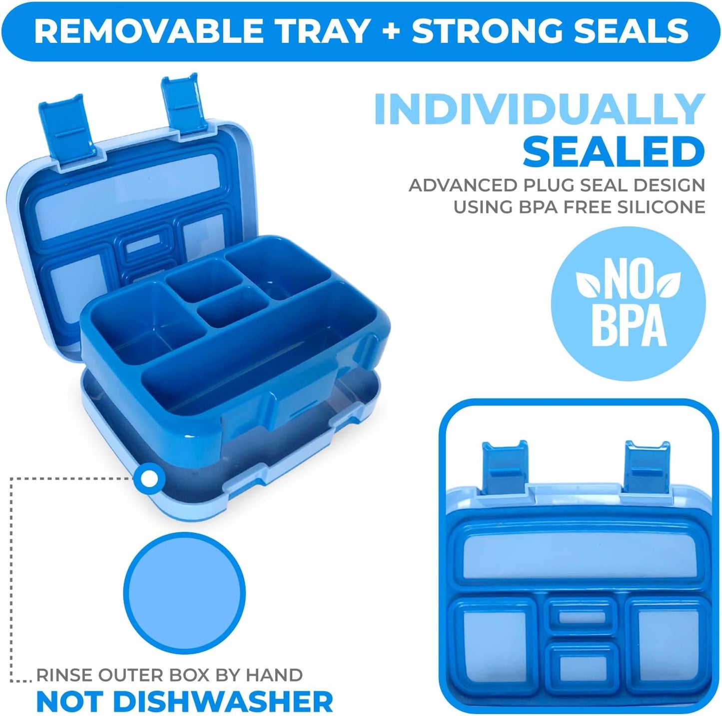 kinsho Bento Lunch Box for Kids Toddlers Boys, 5 Portion Sections Secure Lid, Microwave Safe BPA Free Removable Tray, Pre-School Kid Daycare Lunches Snack Container Ages 3 to 5, Blue