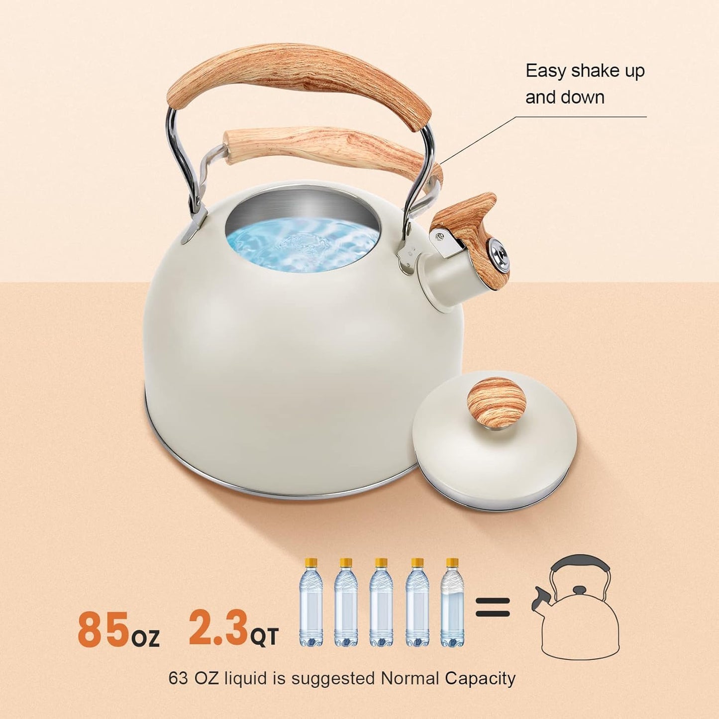 Tea Kettle Stovetop, 2.6Qt Whistling Tea Pots for Stove Top, Heat-resistant Folding Handle，Cute Teapot(Beige)