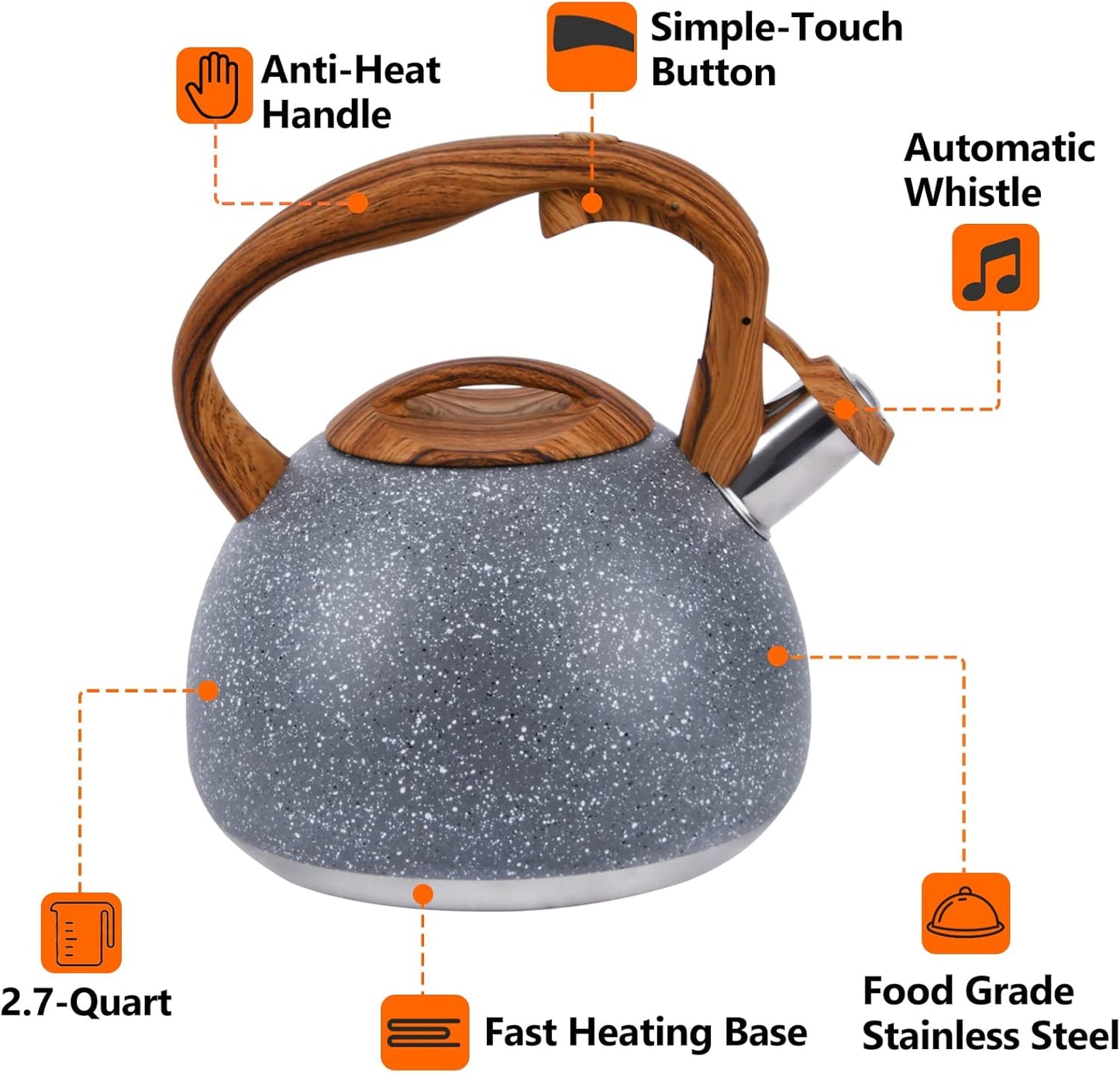 Tea Kettle, 3.2 Quart Whistling Tea Kettle Stovetop, Tea Pots for Stove Top Food Grade Stainless Steel with Wood Pattern Handle, Grey Teapot