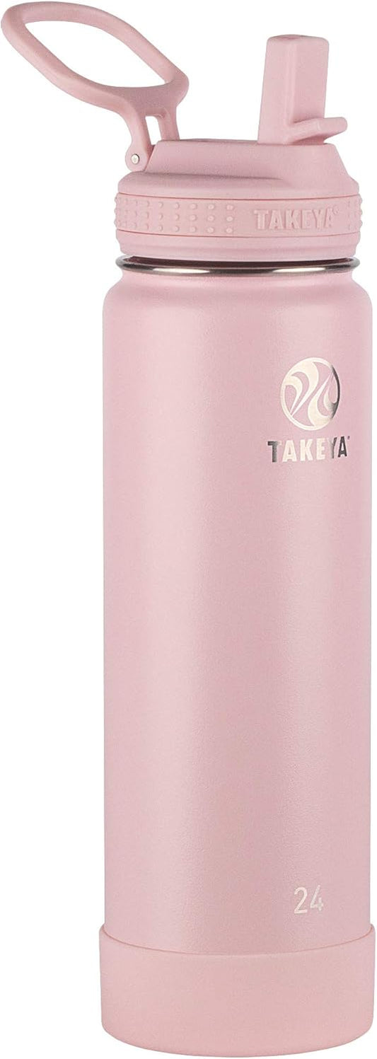 Takeya Actives 24 oz Water Bottle with Straw Lid - Double Wall Stainless Steel Insulation - Dishwasher Safe & BPA-Free - Removable Bumper - Blush