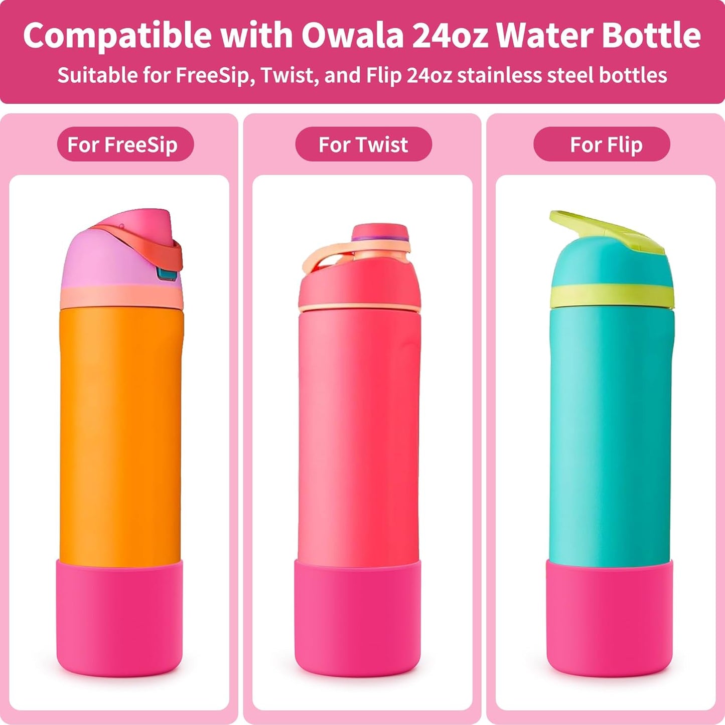 Silicone Boot for Owala 24 oz Water Bottles, Anti-Slip Protective Sleeve for Owala Twist & FreeSip & Flip Stainless Steel Water Bottle, Boot Bottom Base for Owala (Rose Red)