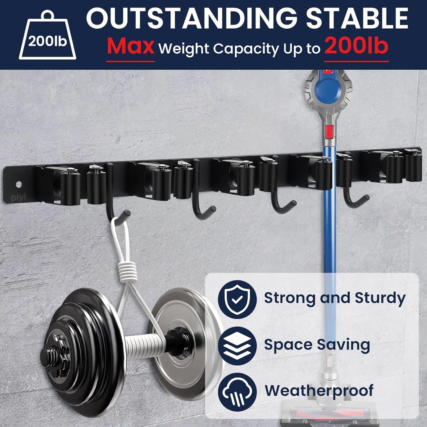 Piyl Mop and Broom Holder Wall Mount - 5 Racks and 4 Hooks Broom Hanger Mop Organizer Storage Tool Racks Stainless Steel Heavy Duty Utility Hooks for Home Kitchen Garden Laundry Garage Closet