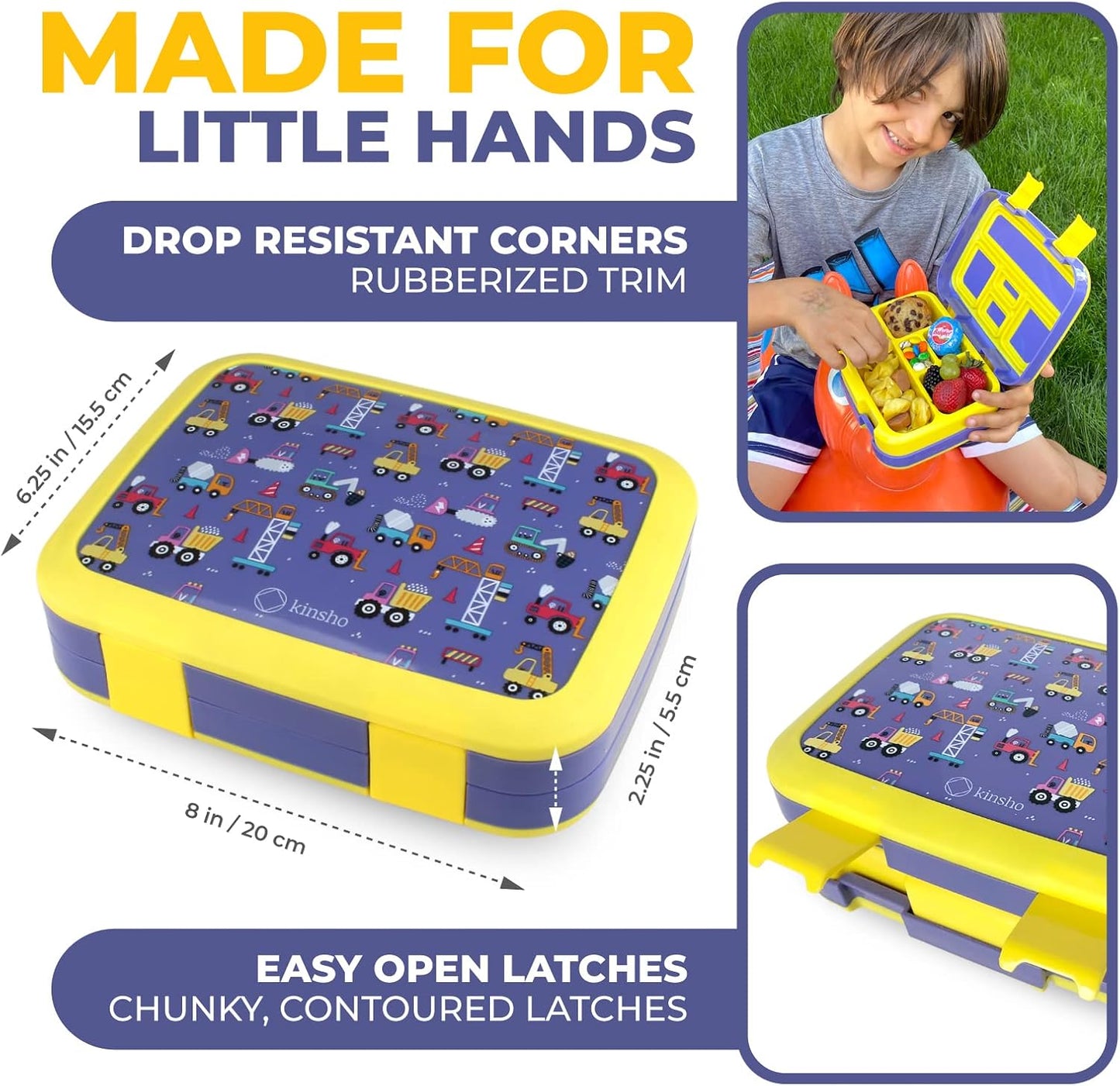 kinsho Bento Lunch Box for Kids Toddlers Boys, 5 Portion Sections Secure Lid, Microwave Safe BPA Free Removable Tray, Pre-School Kid Daycare Lunches Snack Container Ages 3 to 5, Blue Yellow Trucks