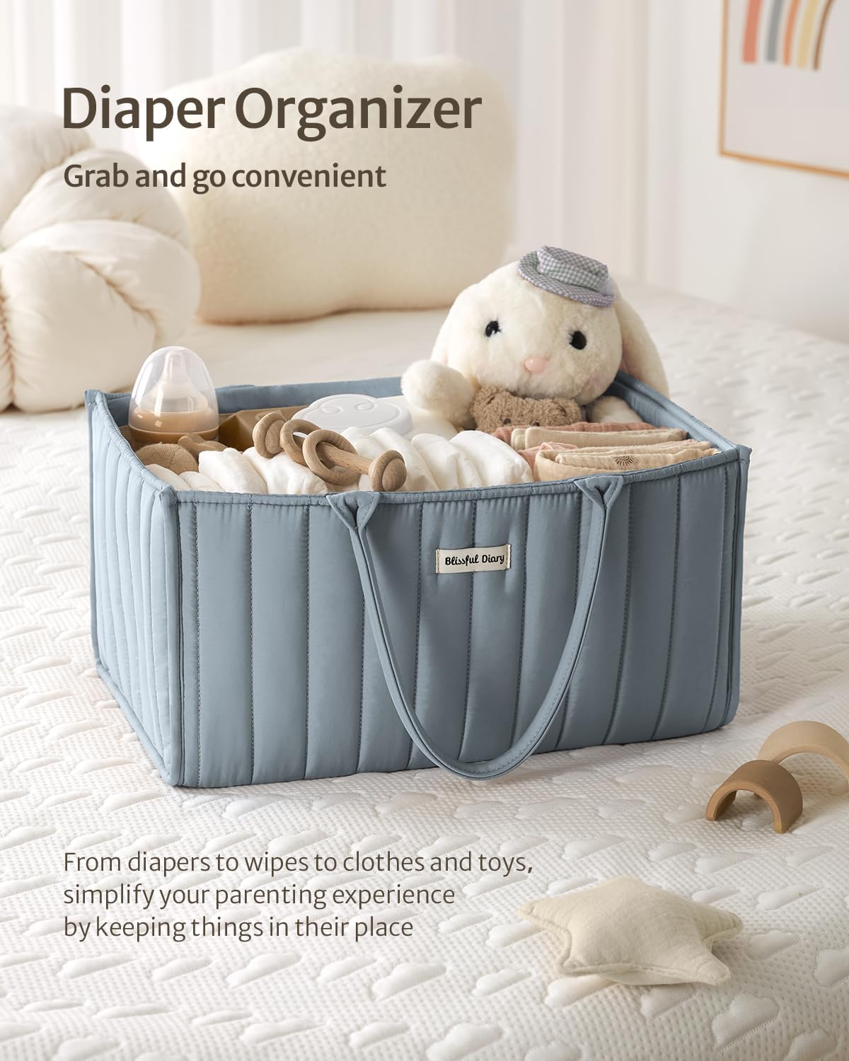 Blissful Diary Baby Diaper Caddy Organizer, Stylish Storage Basket for Newborn Essentials and Diaper Station, Gift for Baby Shower and Registry Must-Have, Dusty Blue
