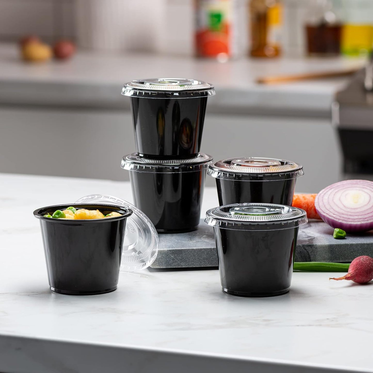 (5 oz - 100 Sets) Black Diposable Plastic Portion Cups With Lids, Small Mini Containers For Portion Controll, Jello Shots, Meal Prep, Sauce Cups, Slime, Condiments, Medicine, Disposable Souffle Cups