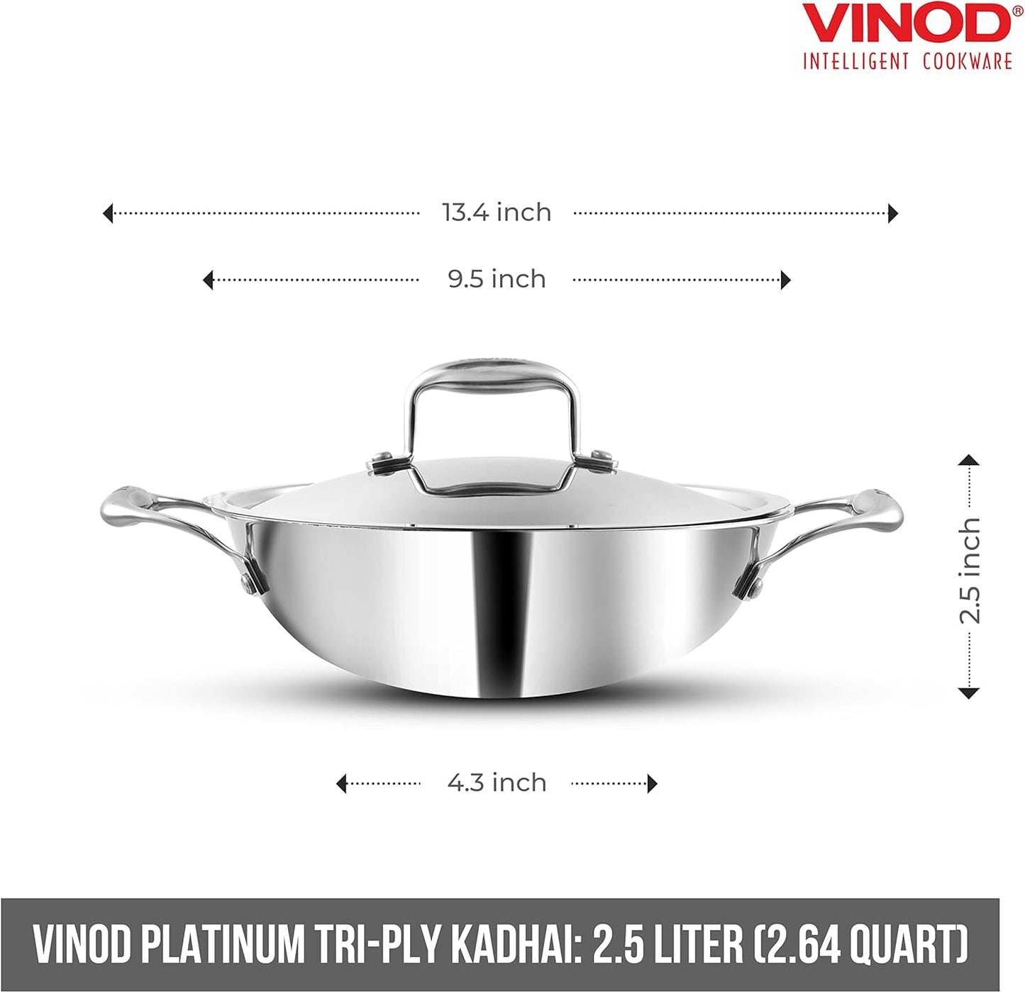 Vinod Platinum Triplet Stainless Steel Sauce Pot with Lid (Induction Friendly), 2.5-Liter, (PTKD-24)