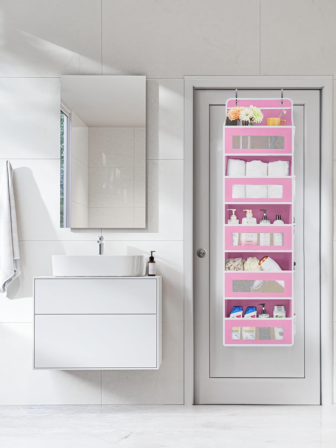 JARLINK Over The Door Organizer Storage, 5 Shelf Hanging Door Organizer with 5 Large Capacity Pockets, Anti Tilt 44 lb Load Behind Door Storage for Bedroom, Bathroom, Pantry, Nursery, (Pink)