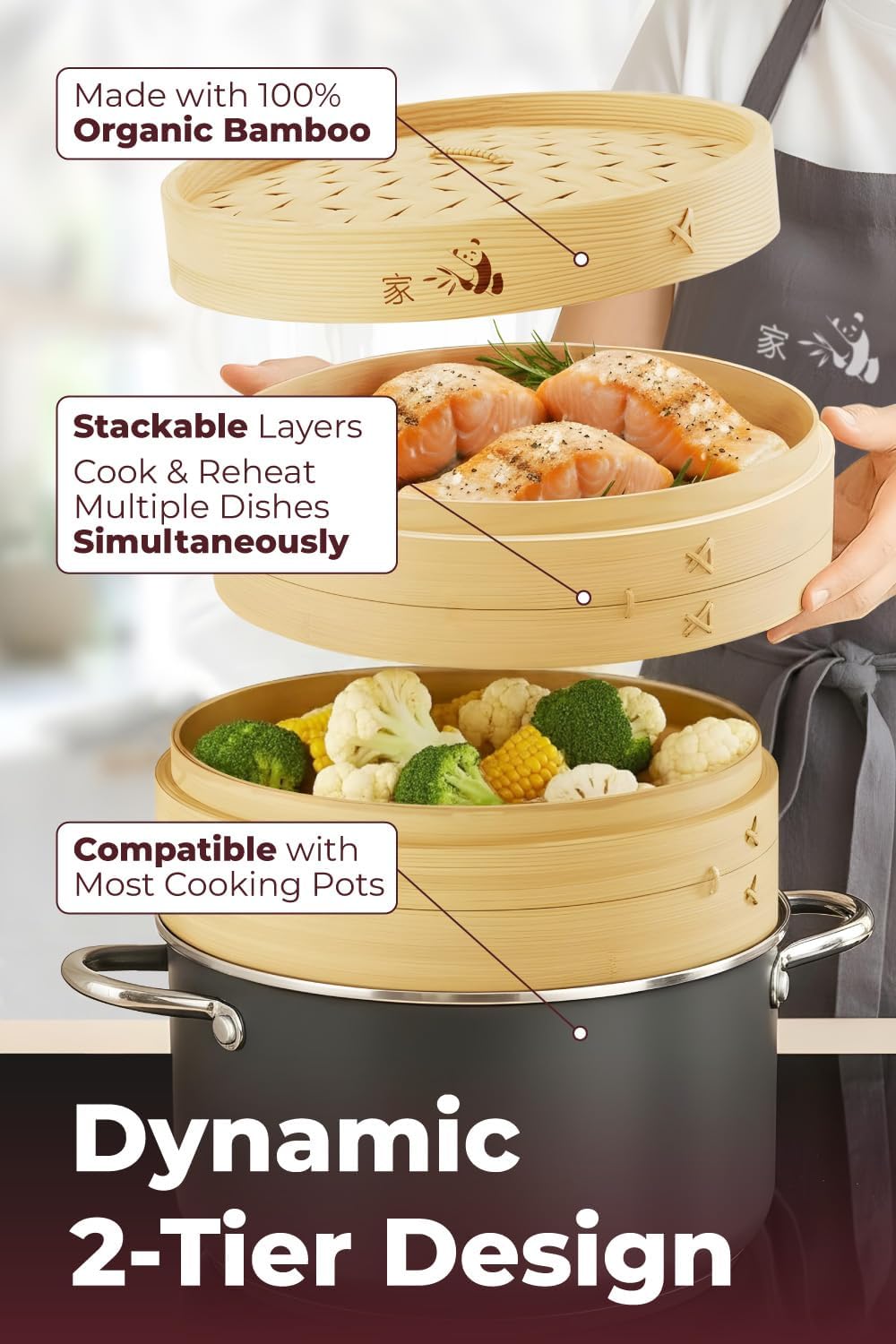 Prime Home Direct Bamboo Steamer Basket 8-Inch | 2-Tier Steamer for Cooking | 50 Liners | Small Instant Steaming Cookware Asian Food, Bao Buns, Chinese, Dim Sum, Dumpling, Rice, Vegetable Steam Pot