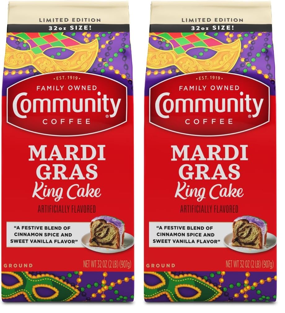 Community Coffee Mardi Gras King Cake Flavored 32 Ounces, Medium Roast Ground Coffee, 32 Ounce Bag (Pack of 2)
