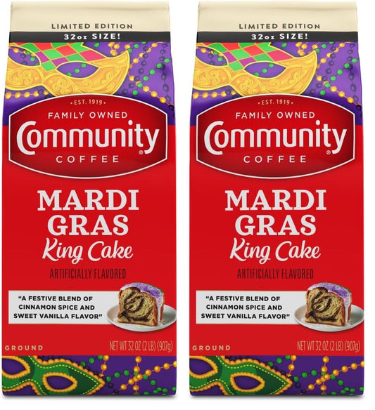 Community Coffee Mardi Gras King Cake Flavored 32 Ounces, Medium Roast Ground Coffee, 32 Ounce Bag (Pack of 2)