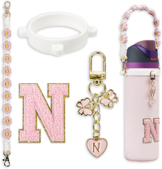 Cute Letter Charm Set Compatible with Owala Water Bottle 24 oz, 32 oz, 40 oz, Owala Kids, Owala Coffee Tumbler, Owala FreeSip – Includes Handle Strap, for Owala Accessories & Stanley Cup Accessories