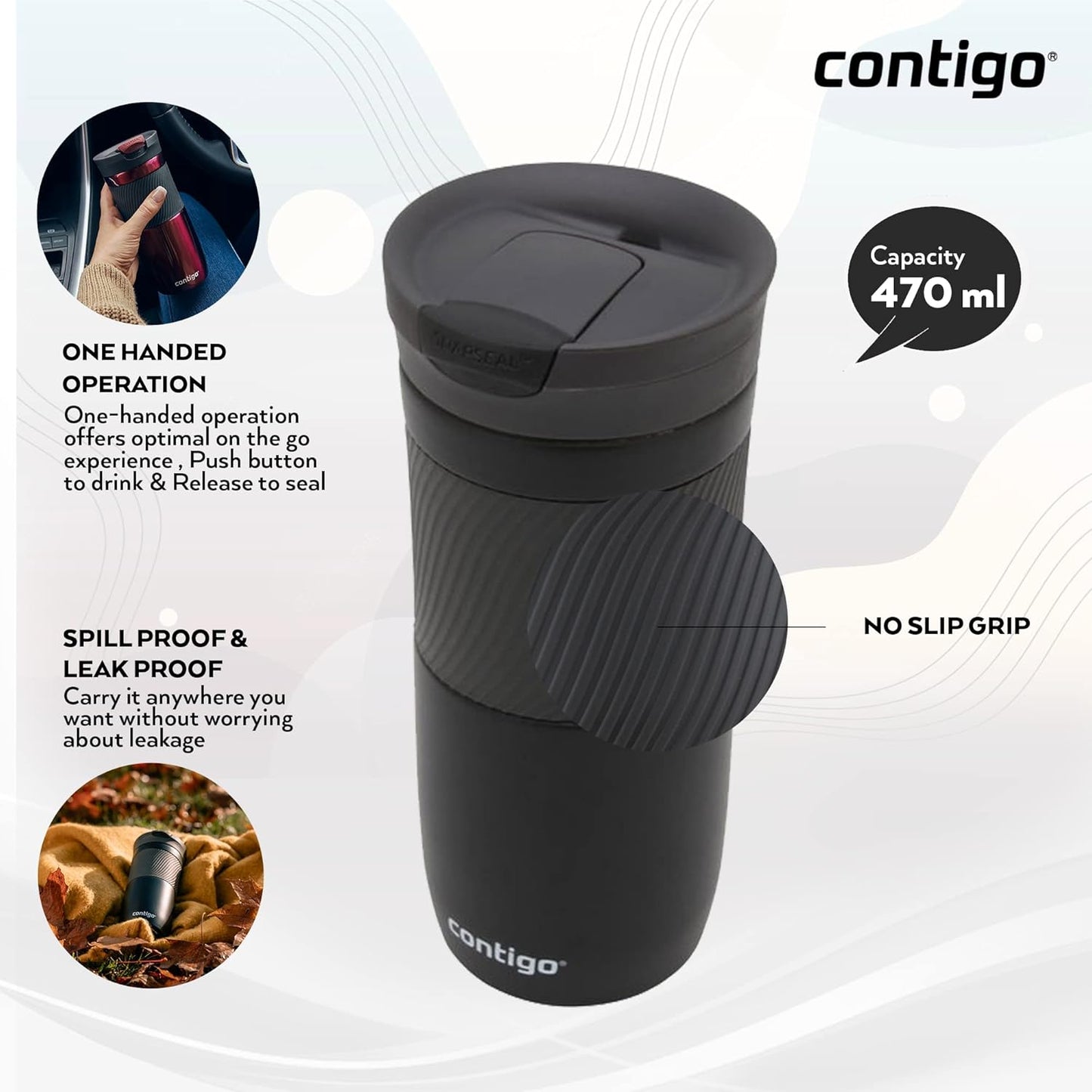 Contigo Byron Snapseal Travel Mug, Stainless Steel Thermal Mug, Vacuum Flask, Leakproof Tumbler, Coffee Mug with BPA Free Easy-Clean Lid, 470 ml, Matte Black