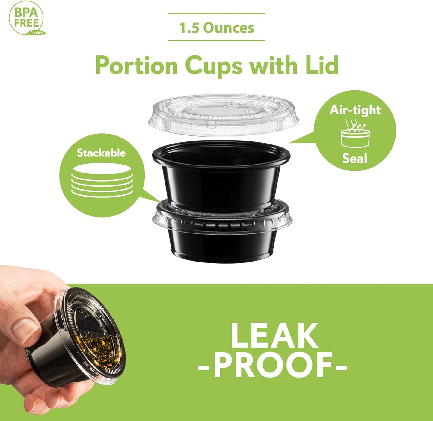 (1.5 oz - 100 Sets) Black Diposable Plastic Portion Cups With Lids, Small Mini Containers For Portion Controll, Jello Shots, Meal Prep, Sauce Cups, Slime, Condiments Disposable Souffle Cups