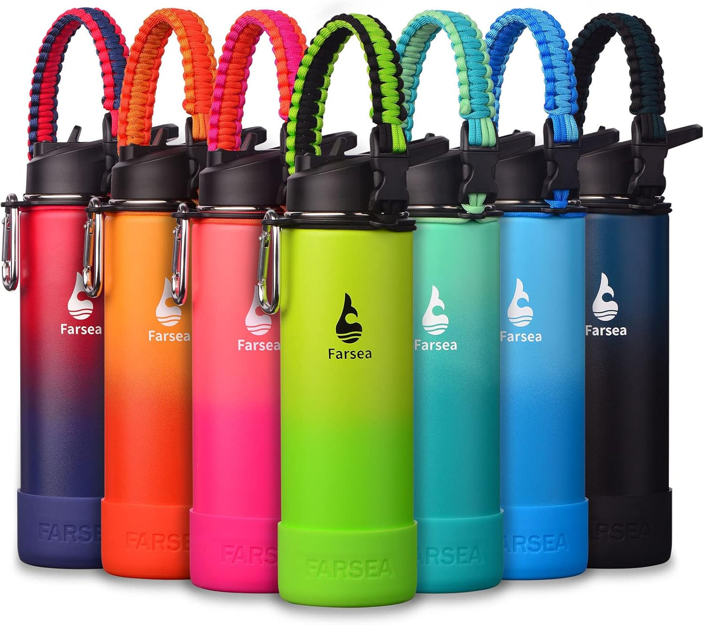 Farsea Insulated Water Bottle With Paracord Handle, Protective Silicone Boot and 2 Lids (Straw Lid & Spout Lid), Stainless Steel Water Bottle Wide Mouth, Double Wall Sweat-Proof BPA-Free, 24 oz
