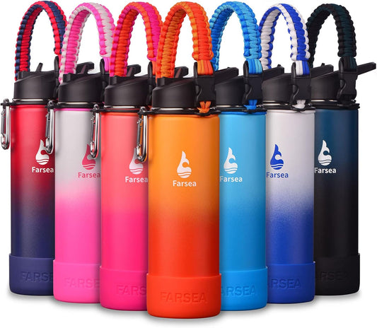 Farsea Insulated Water Bottle With Paracord Handle, Protective Silicone Boot and 2 Lids (Straw Lid & Spout Lid), Stainless Steel Water Bottle Wide Mouth, Double Wall Sweat-Proof BPA-Free, 24 oz