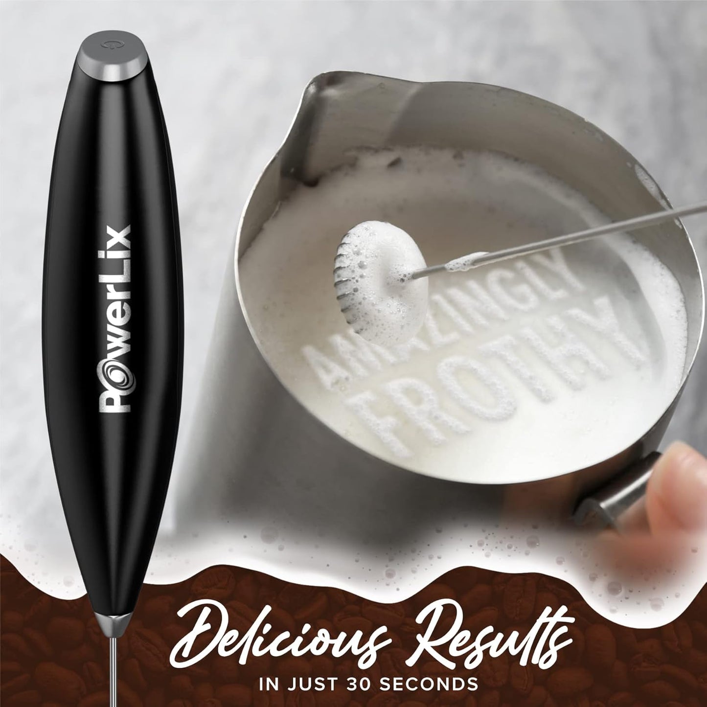 PowerLix Milk Frother Handheld Battery Operated Electric Whisk Foam Maker For Coffee, Latte, Cappuccino, Hot Chocolate, Coffee Accessories With Stainless Steel Stand (Metallic Black)