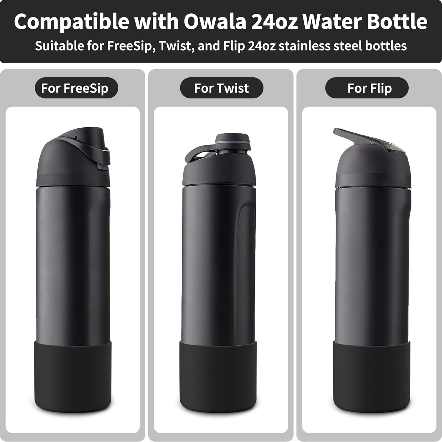 Silicone Boot for Owala 24 oz Water Bottle, Anti-Slip Protective Sleeve for Owala Twist & FreeSip & Flip Stainless Steel Water Bottle, Boot Bottom Base for Owala (Black)