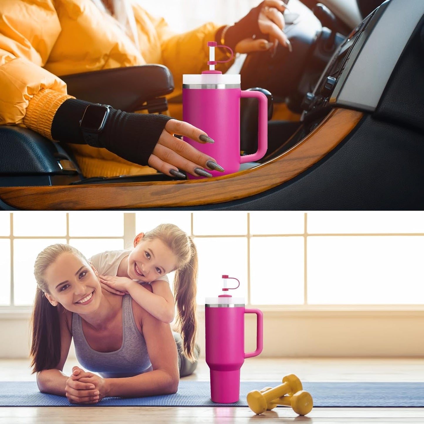 Silicone Spill Stopper Set for Tumbler Cup 2.0 30oz & 40oz with Straw Cover (Set of 2, Fuchsia)