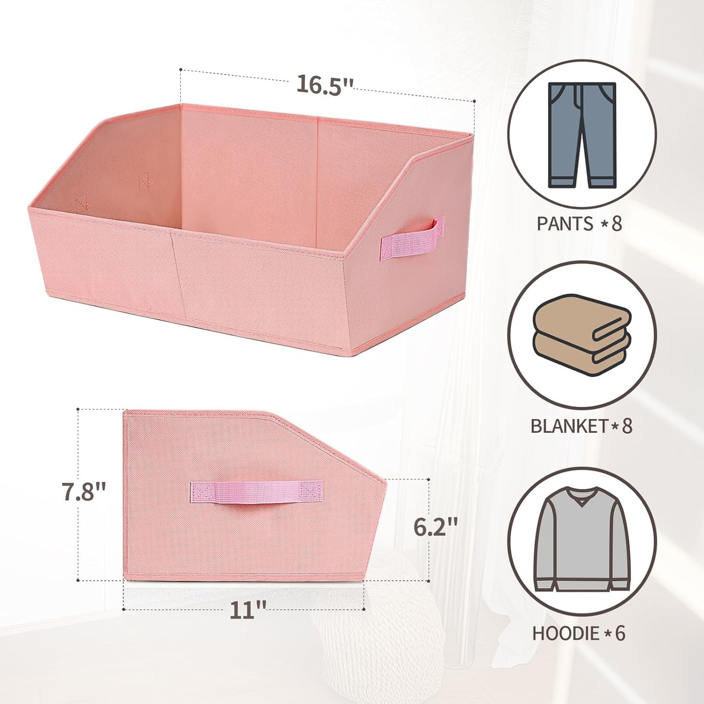 Closet Baskets for Shelves Trapezoid - Decorative Storage Baskets with Handle, Closet Bins for Organization, Shelf Storage Bins for Clothes, Books, Home, Office, 4 Pack, Pink