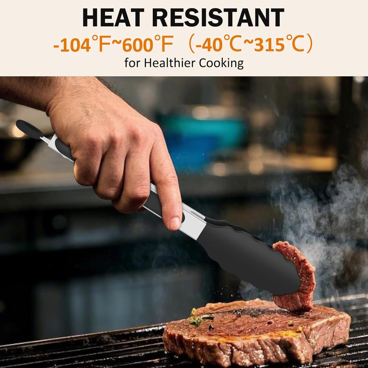 Kitchen Tongs, Stainless Steel Silicone Tongs for Cooking 600ºF High Heat-Resistant BBQ Grilling Locking Tongs, Set of 2-9" and 12" Black