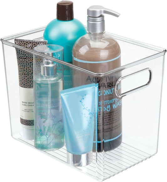 mDesign Plastic Deep Bathroom Storage Bin with Handles for Organizing Soaps, Shampoos, Conditioners, Body Wash, Serums, Oils, Supplements, Hair Styling Accessories, Ligne Collection - Clear