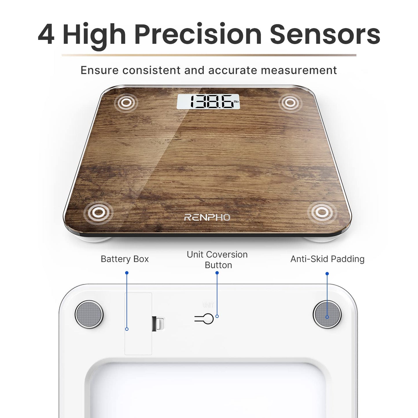 RENPHO Digital Bathroom Scale, Highly Accurate Body Weight Scale with Lighted LED Display, Round Corner Design, 400 lb, Core 1S, Wooden