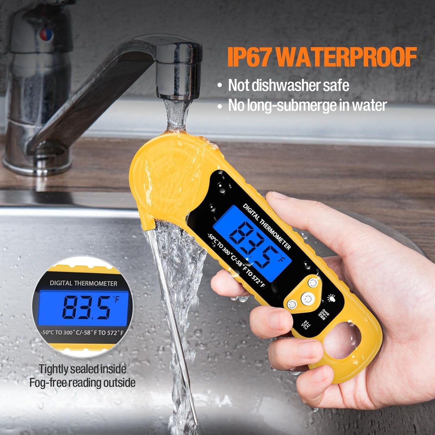 Meat Thermometer Digital, Instant Read Food Thermometer Waterproof with Backlight for Cooking, Deep Fry, BBQ, Grill, Smoker and Roast,Outdoor Fryer Accessories(Yellow)