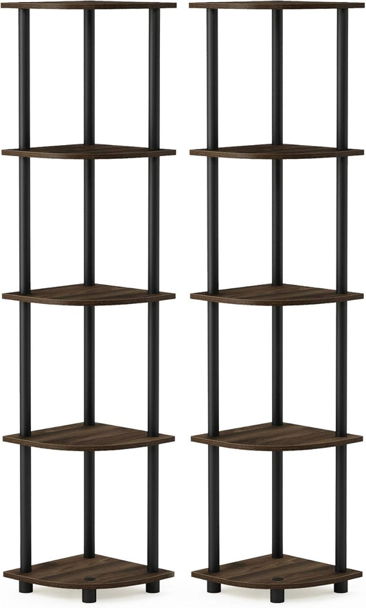 Furinno TURN-N-TUBE Corner Shelf Set of 2, 5-Tier Corner Bookshelf, Open Storage Shelves, for Organization and Storage, Living Room, Home Office, Garage, Columbia Walnut