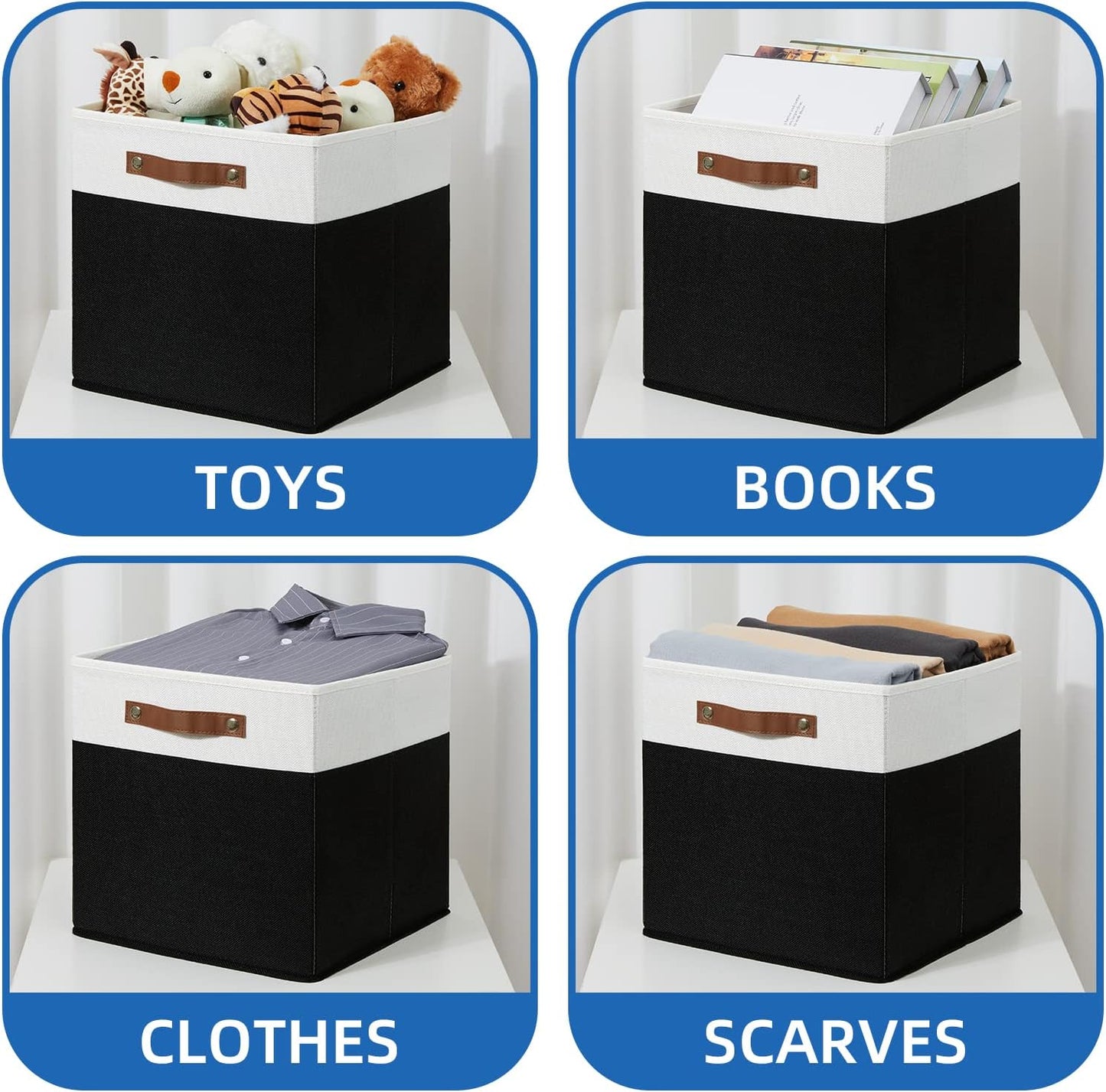 Temary Fabric Storage Bin 4 Pack Cube Storage Bin for Shelf Fabric Cube Storage Basket 13 Inch Cube Storage Bins Foldable Storage Cubes with Leather Handles(White&Black)
