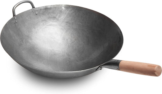 Craft Wok Big 16 Inch Heavy Hand Hammered Carbon Steel Pow Wok with Wooden and Steel Helper Handle (Round Bottom) / 731W138