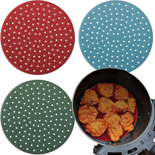 Reusable Round Silicone Air Fryer Liners (8 Inch, 3 Pack) by Linda’s Essentials - Non-Stick, Easy-Clean Accessories with Cheat Sheet & Recipe Book, Perfect for Quick Meals