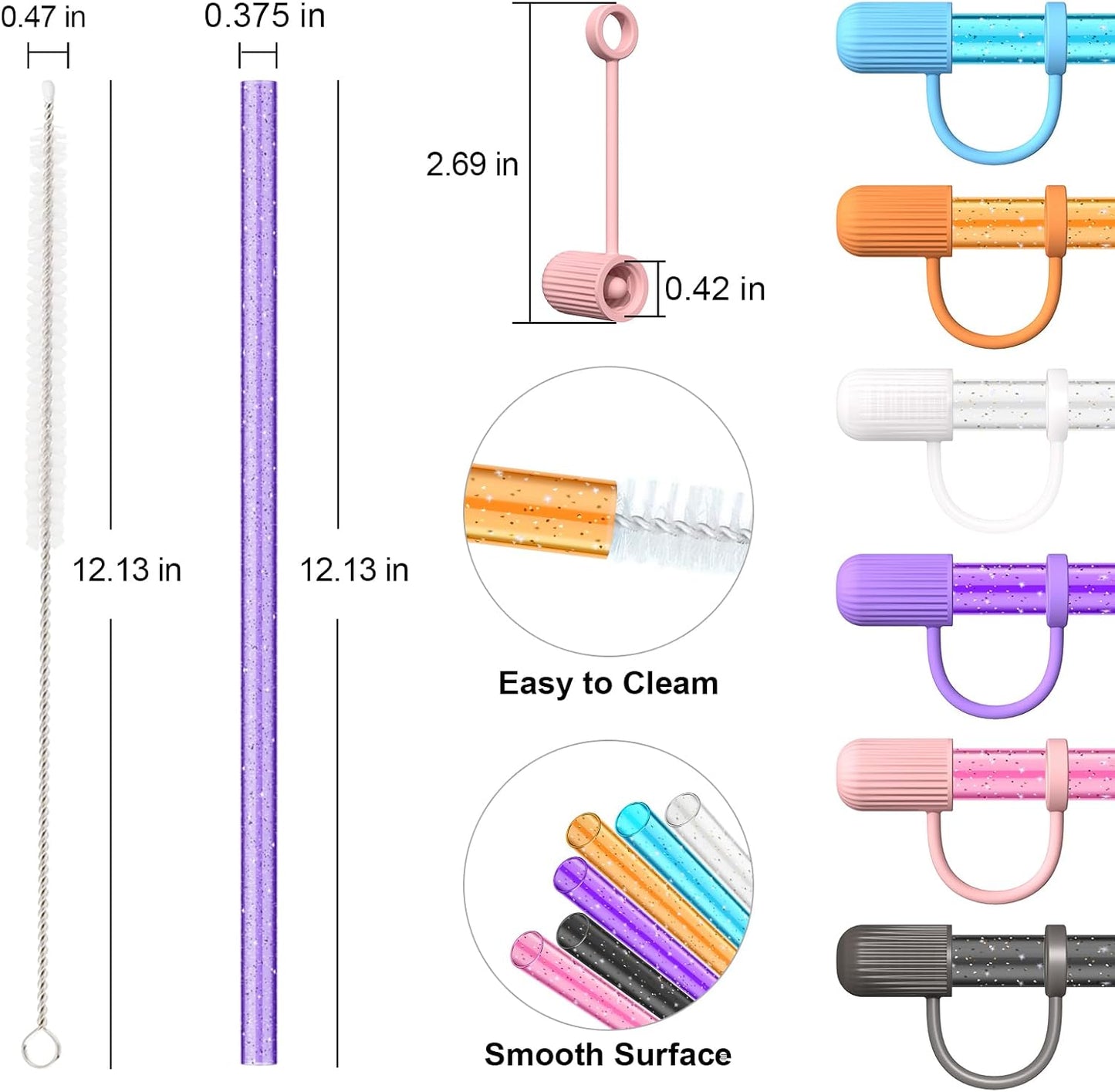 6 Color Replacement Straws with Cover Caps for Stanley Cup 40 oz 30 oz 20 oz 14 oz 64 oz Tumbler, Reusable Drinking Straws with Topper, Stopper, Cleaning Brush for Stanley Cup Accessorie