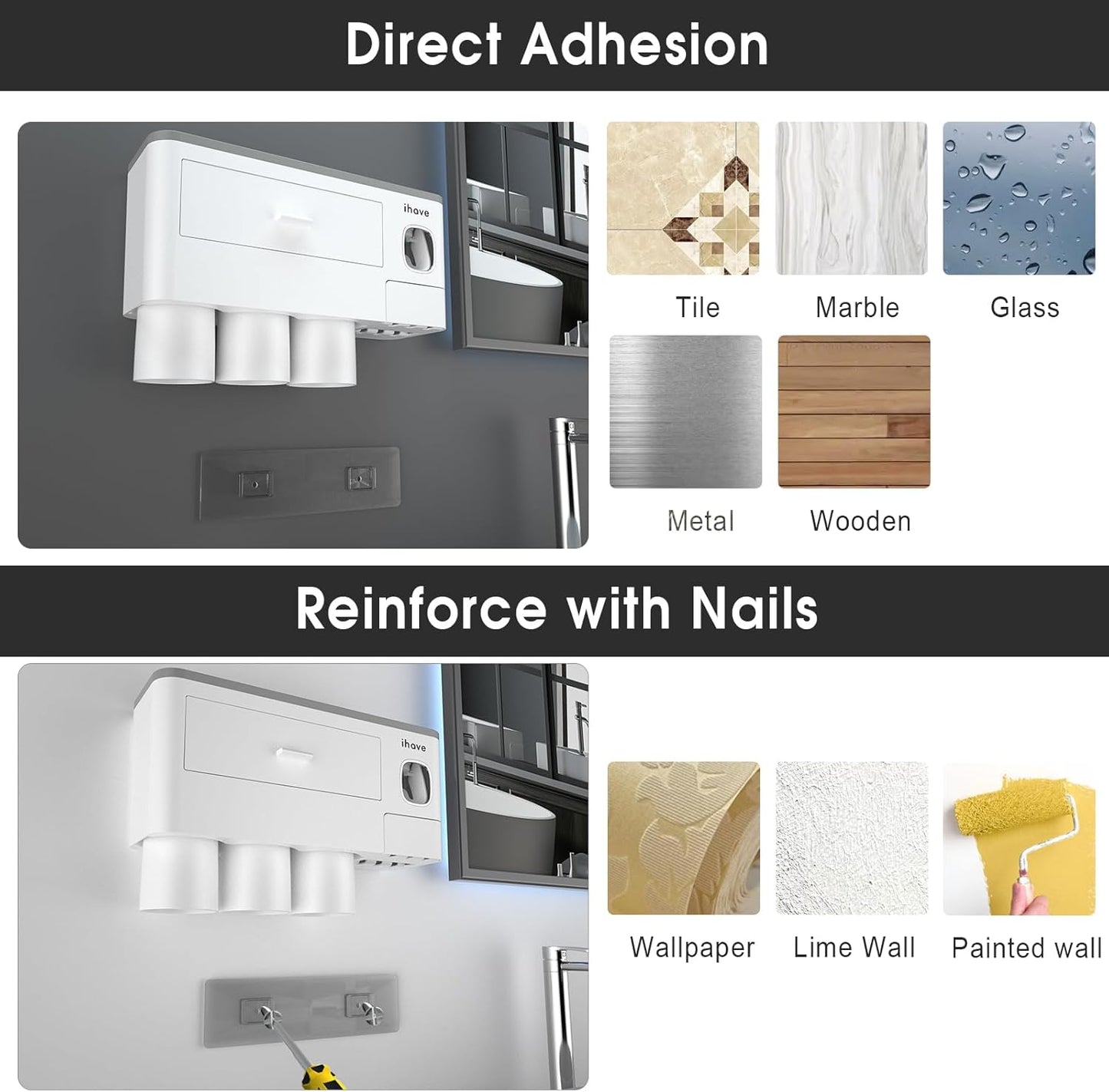 iHave Toothbrush Holders for Bathrooms, 3 Cups Toothbrush Holder Wall Mounted with Toothpaste Dispenser - Large Capacity Tray, Cosmetic Drawer - Bathroom Accessories & Bathroom Organization Storage