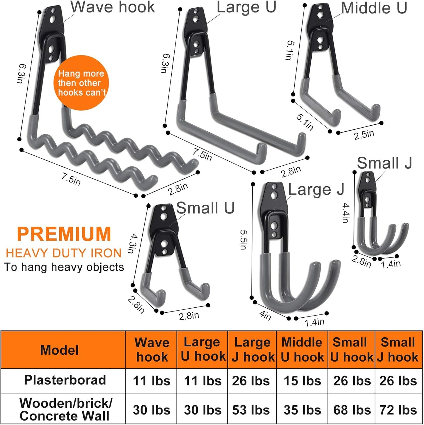 AOBEN Garage Hooks Heavy Duty, Steel Garage Storage Hooks, Utility Tool Hangers and Combinable Wall Mount Garage Hooks for Organizing Ladders, Bikes, Hoses, and More Equipment (Small J, 6 Pack)