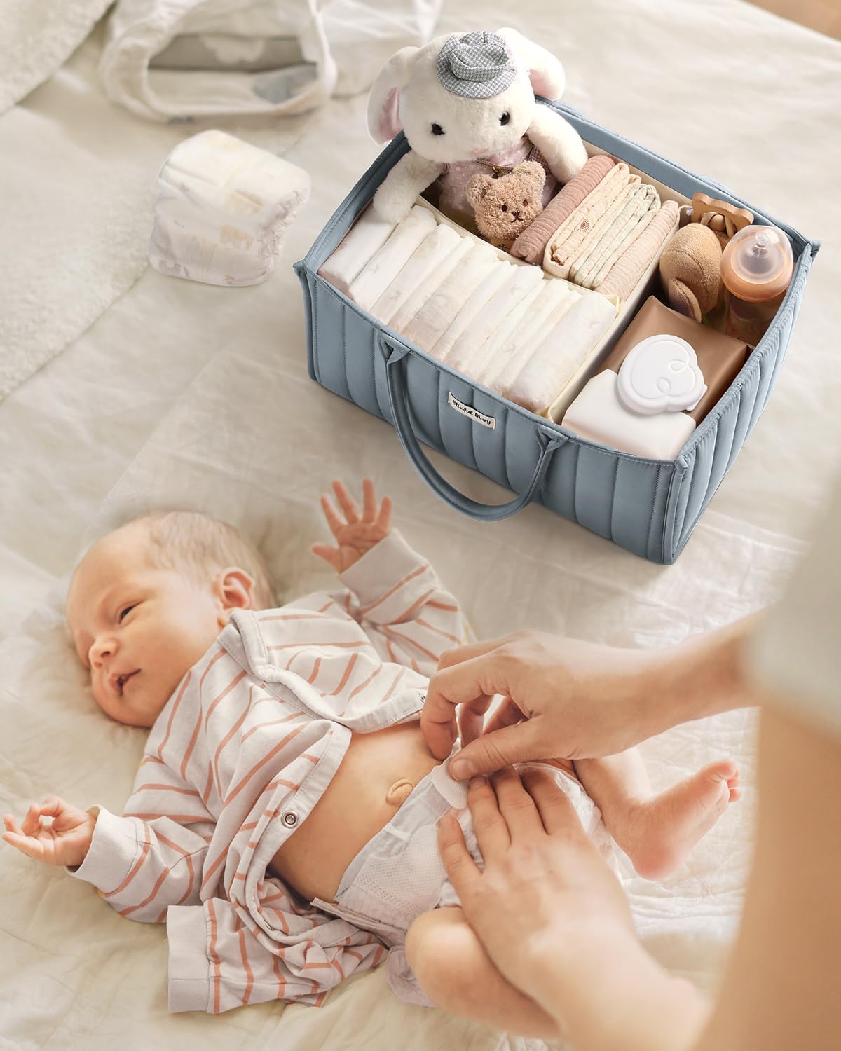 Blissful Diary Baby Diaper Caddy Organizer, Stylish Storage Basket for Newborn Essentials and Diaper Station, Gift for Baby Shower and Registry Must-Have, Dusty Blue