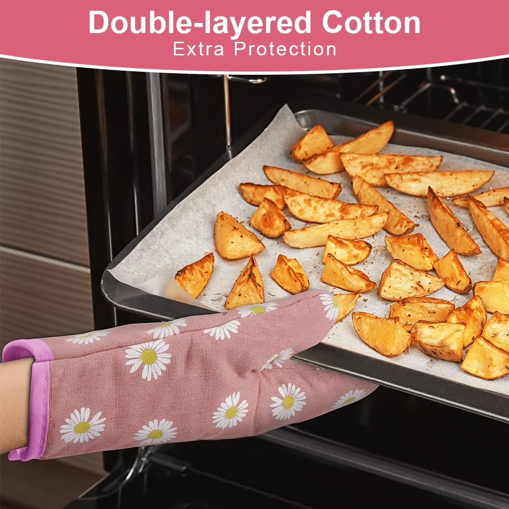 AUAUY Oven Mitts and Potholders, BBQ Gloves Heat Resistant, 1 Pair Oven Mitts and 2 Pot Holders, Cotton Non-Slip Cooking Gloves for Cooking Baking Kitchen Microwave Pizza(Daisy-Pink)