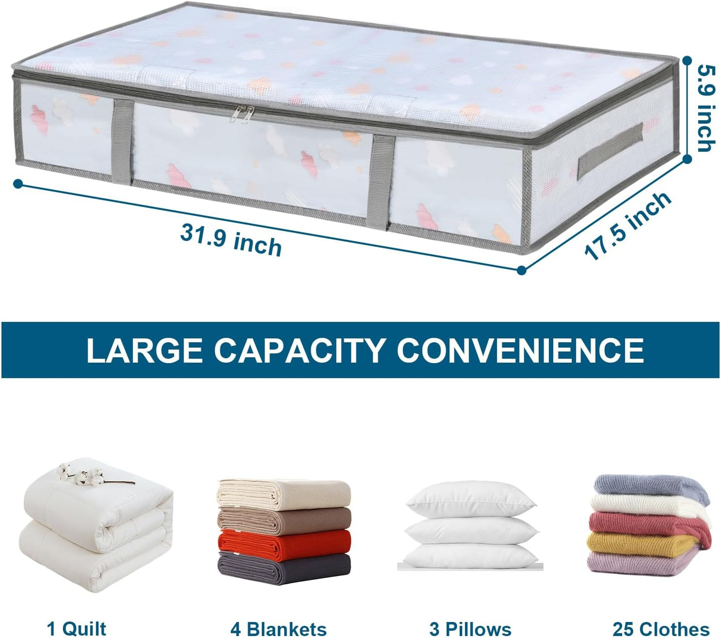 2 Pack Under Bed Storage Containers Bins, Humid-Proof Plastic Underbed Storage Bins, Clothes Storage and Organization Bags, Under the Bed Blanket Storage with Handles for Clothes, Bedroom