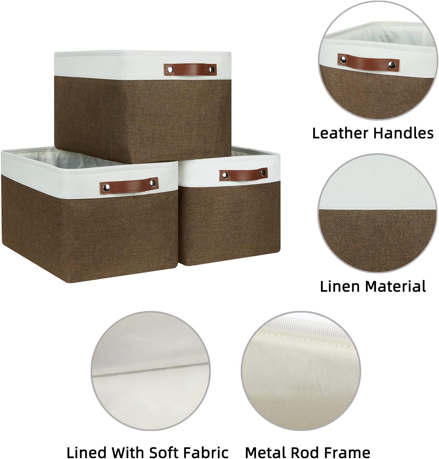 HNZIGE Fabric Storage Baskets (3 Pack) - Decorative Foldable Shelf Baskets with Leather Handles for Organizing Clothes (Brown & White, 15" x 11" x 9.5")
