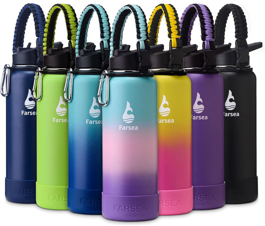 Farsea Insulated Water Bottle With Paracord Handle, Protective Boot and 2 Lids (Straw Lid & Spout Lid), Stainless Steel Water Bottle Wide Mouth, Double Wall Sweat-Proof BPA-Free, 40 oz