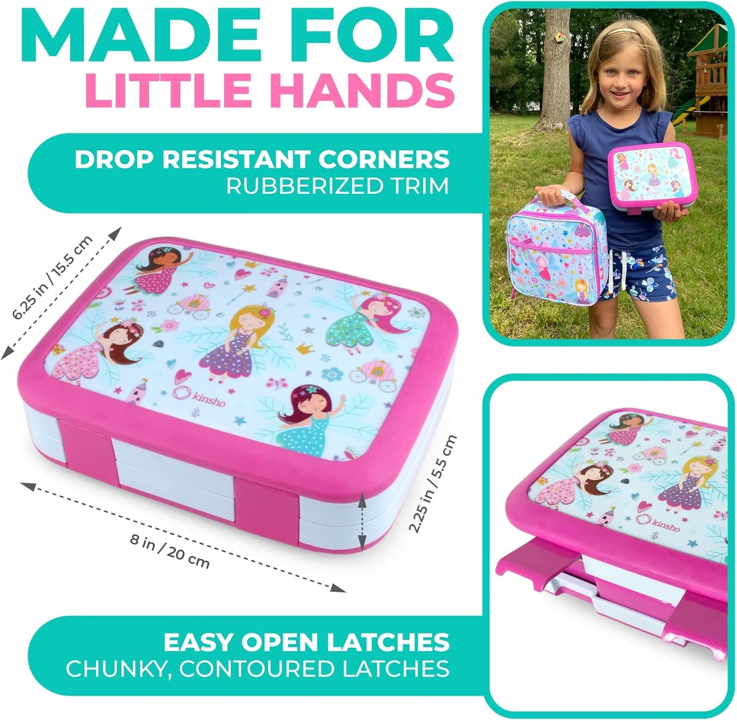 Bento Box, Lunch Bag, Ice Pack Water Bottle Set for Kids - 5 Compartments, Removable Tray, Lunches or Snack Container Girls Toddlers Daycare Pre-School, Kindergarten Pink Purple Fairy Princess