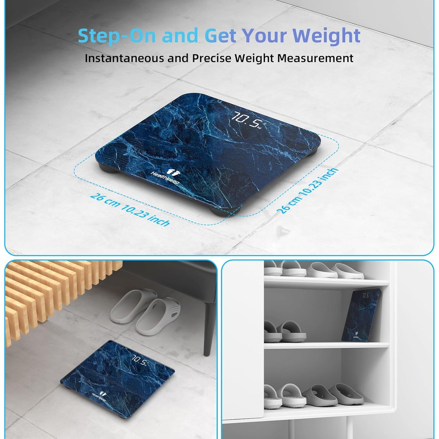 Healthkeep High Precision Digital Bathroom Scale with Step-On Technology LED Display Slim Design Max 180kg/400lb Marble Blue