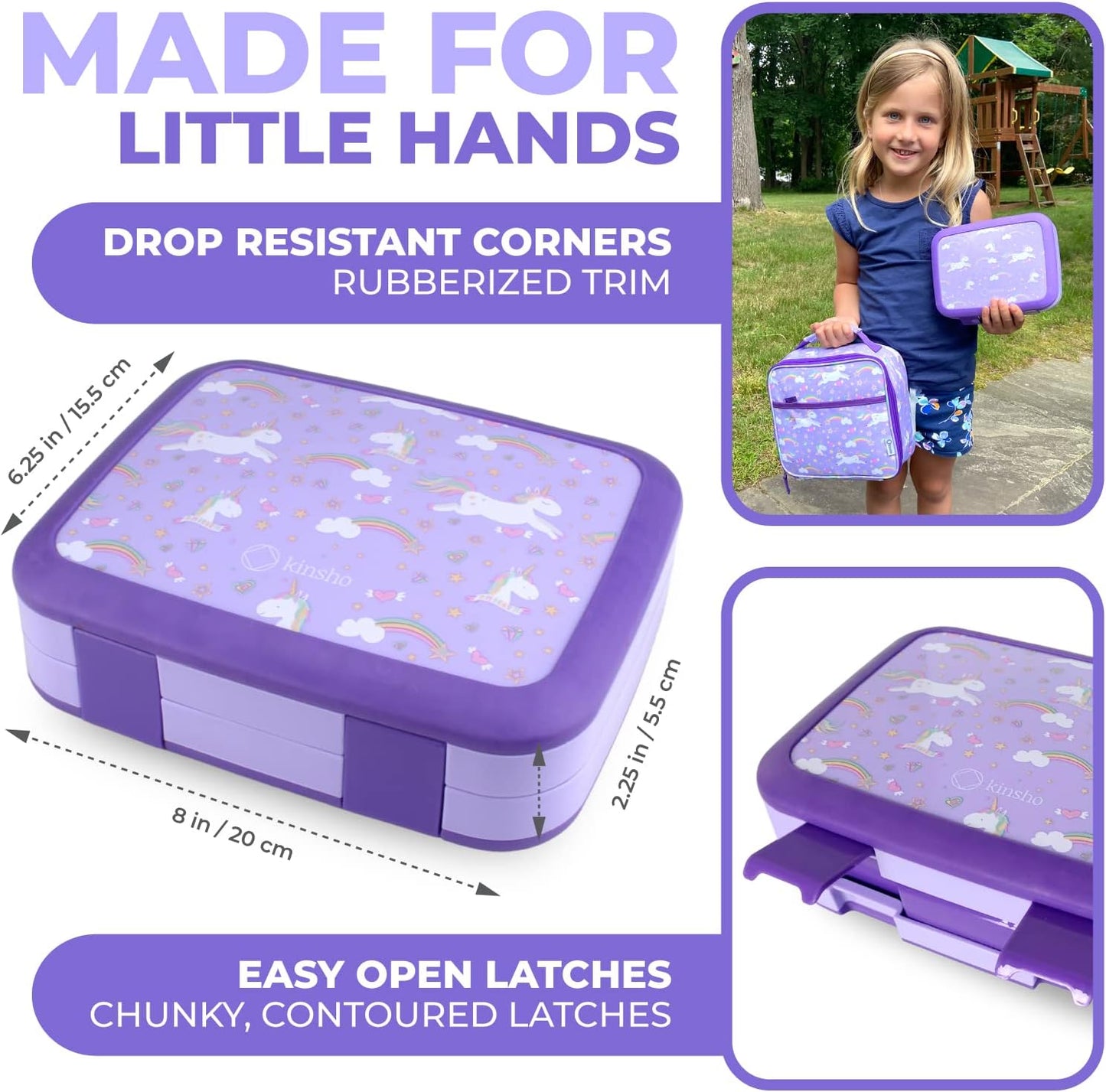 Bento Box with Insulated Lunch Bag, Ice Pack & Water Bottle Set for Kids - 5 Compartments, Lunches or Snack Container Girls, Toddlers Daycare Pre-School, Kindergarten Purple Unicorn