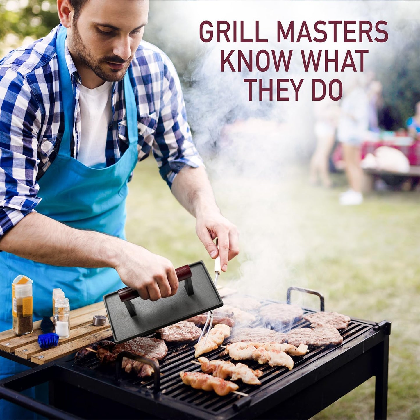 Cast Iron Grill Press - 8 x 4 Inch, 2.6 lb Griddle Press with Cool-Touch Wood Handle - Pre-seasoned for Steak, Burgers, Sandwiches, and Paninis – Non-Stick Grill Weight